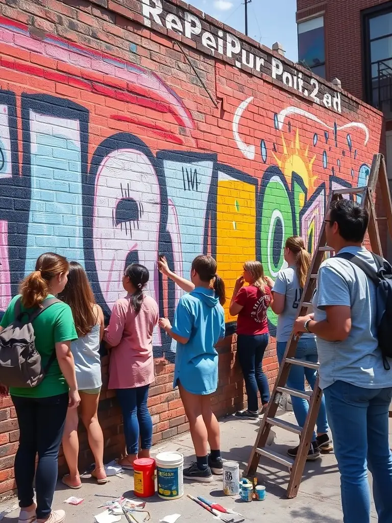 A dynamic image of a community art project in progress, with volunteers of all ages collaborating on a mural, showcasing community involvement and artistic expression.