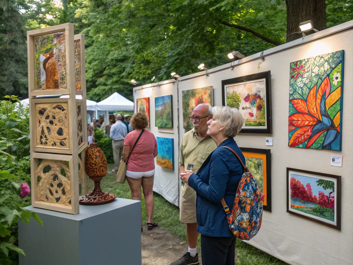 An outdoor art festival with vibrant displays, live performances, and engaged audiences enjoying cultural festivities.