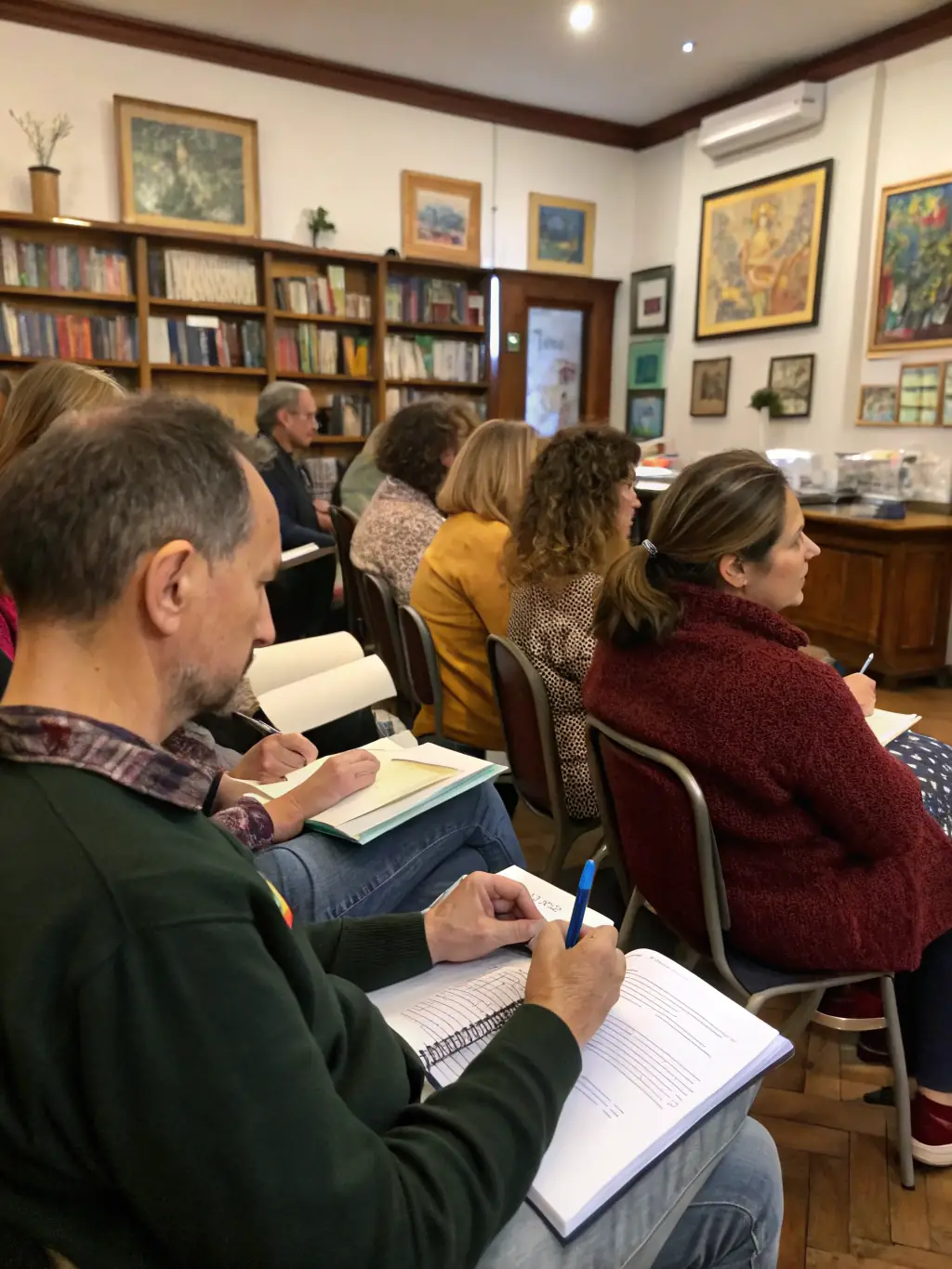 A vibrant image of participants engaged in a creative writing workshop, pens in hand, focused on their notebooks, with a warm and encouraging instructor guiding them.