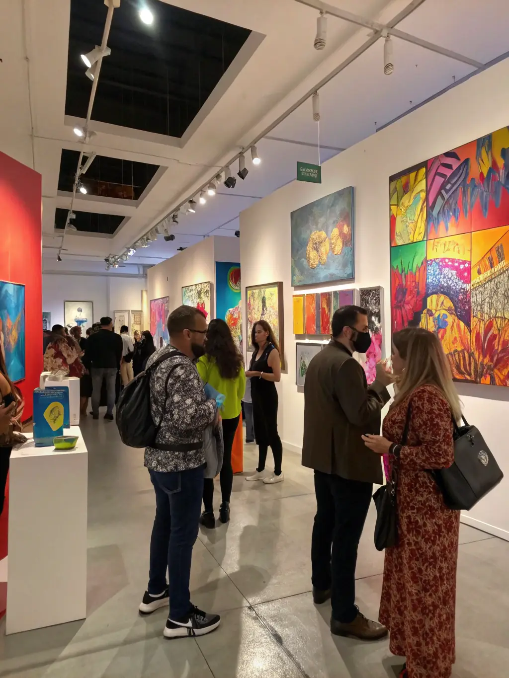 A vibrant scene from an art exhibition, showcasing diverse artworks and attendees appreciating the displays, with a focus on cultural exchange and artistic inspiration.
