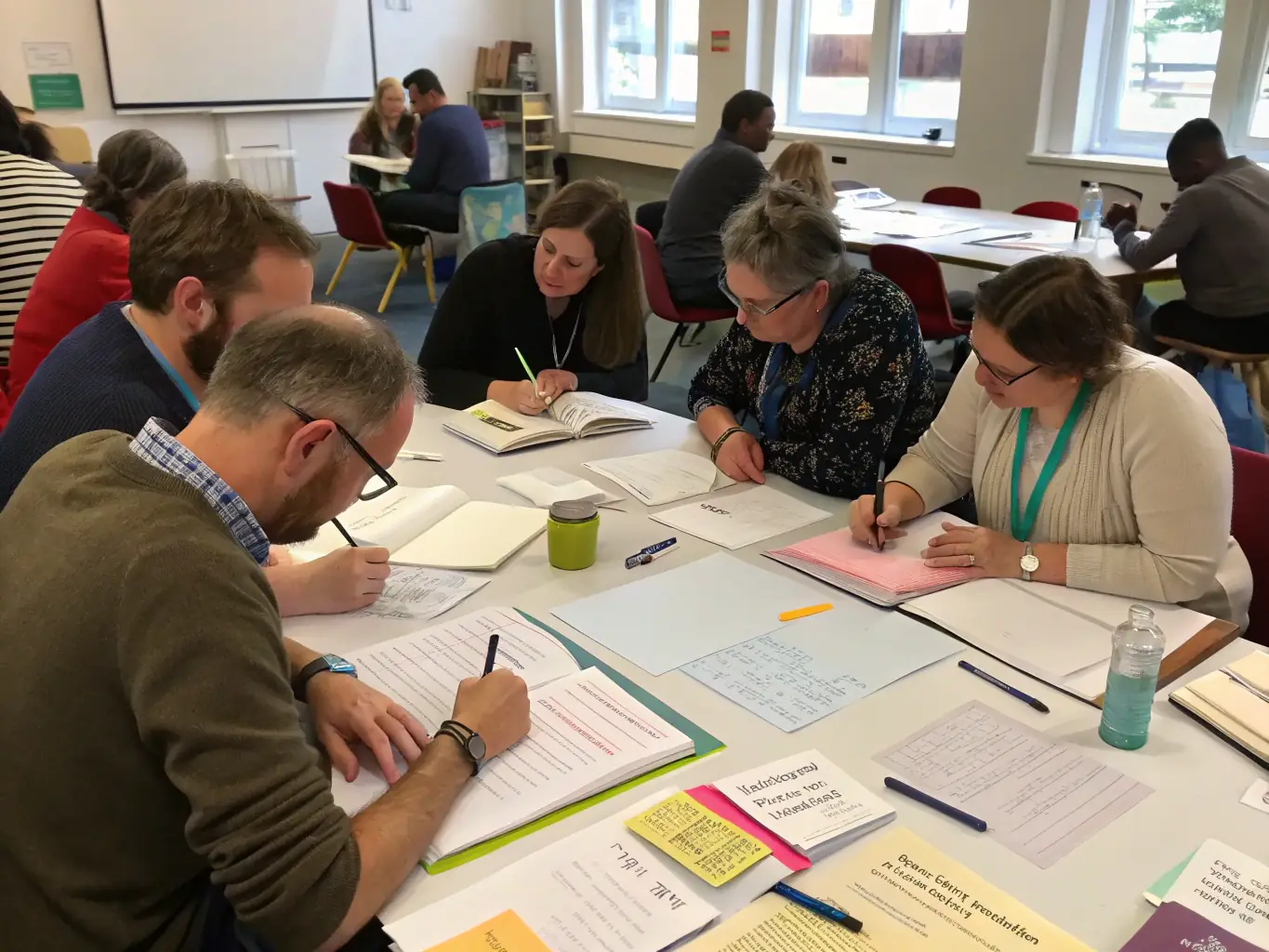 A vibrant image of participants engaged in a creative writing workshop, pens in hand, focused on their writing tasks, with an instructor guiding them in the background. The setting is a bright, inspiring space filled with books and art supplies.