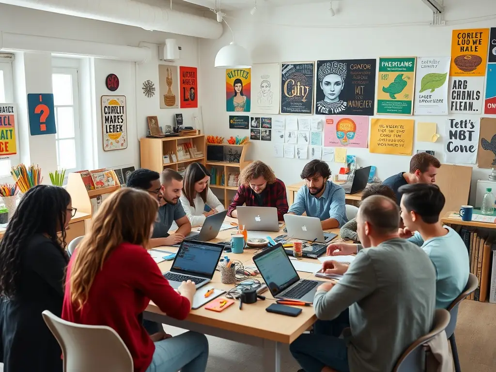 A diverse group of participants engaged in a lively writing workshop, with notebooks and laptops, in a bright, welcoming studio space.