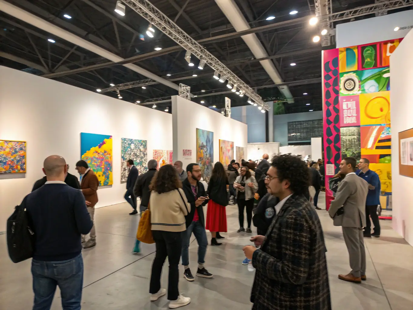 A dynamic image of an arts and cultural event, showcasing a diverse group of people enjoying a performance or exhibition. The scene is lively and engaging, with colorful displays and enthusiastic participants.